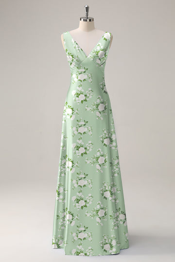 Sage White Flower A Line Print V Neck Bridesmaid Dress